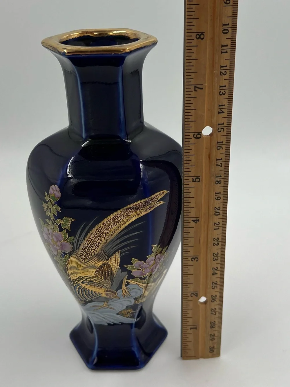 Vintage Japanese Blue Cobalt Porcelain Floral Gold Pheasant Vase 8” Tall